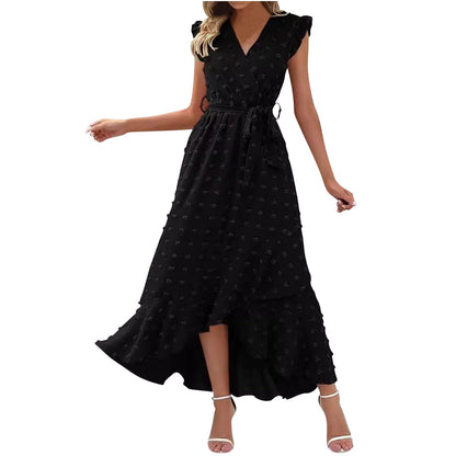 Women's Swiss Dot Dress Criss Cross V Neck Ruffle Wrap Dress Sleeveless Side Split Swing Flowy Long Maxi Dresses