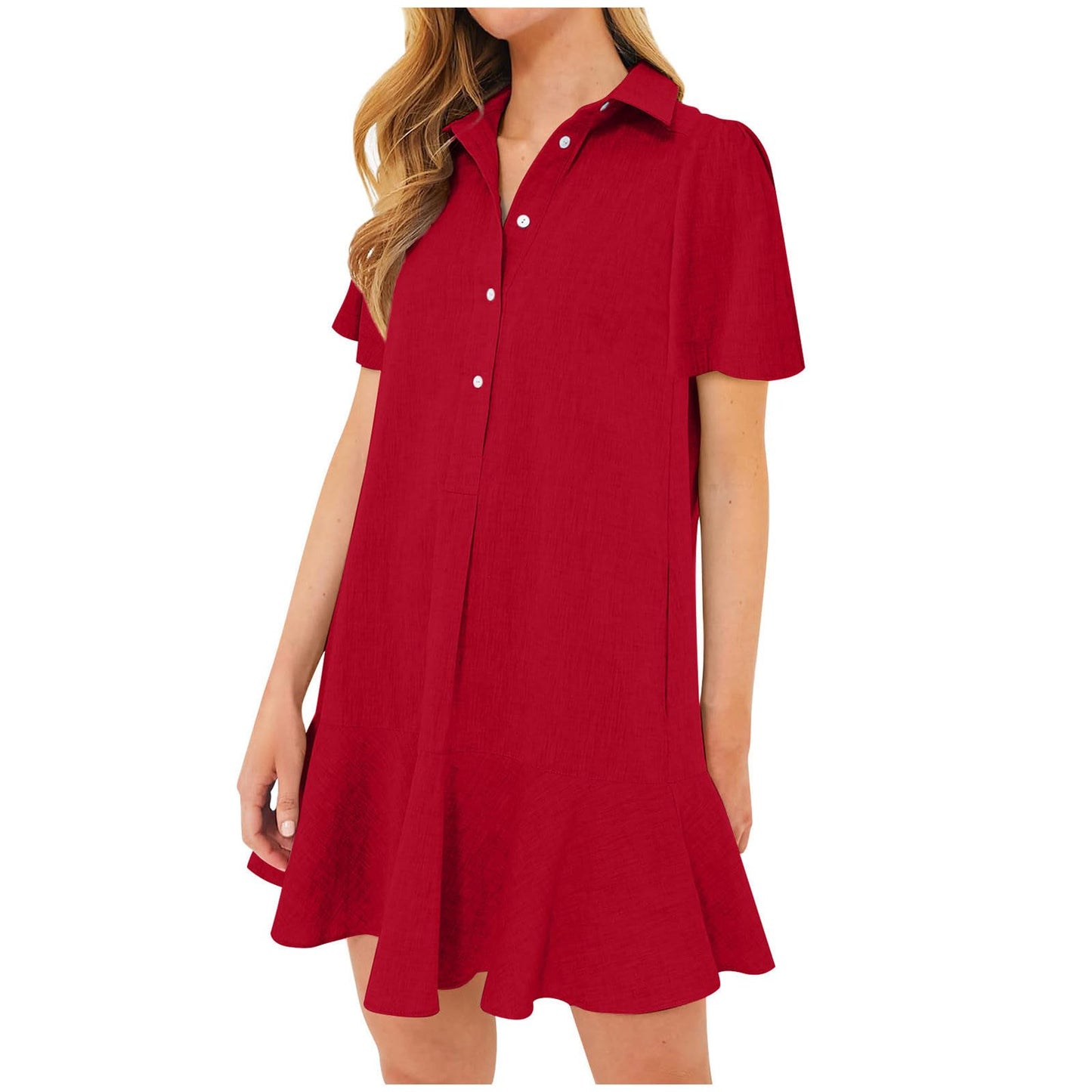 Women‘s Sleeveless Shirt Dress Ruffle Hem Tank Dress Button V Neck Swing Shift Mini Dresses Lapel Collar Tunic Dress