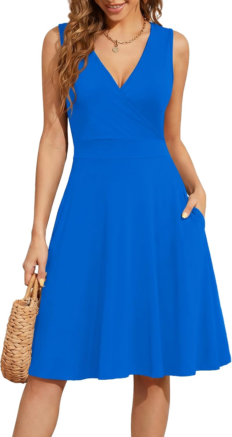 WEACZZY Women's Summer Sleeveless Casual Dresses V-Neck Wrap Floral Holiday Tank Dress Flowy Beach Sundress with Pockets