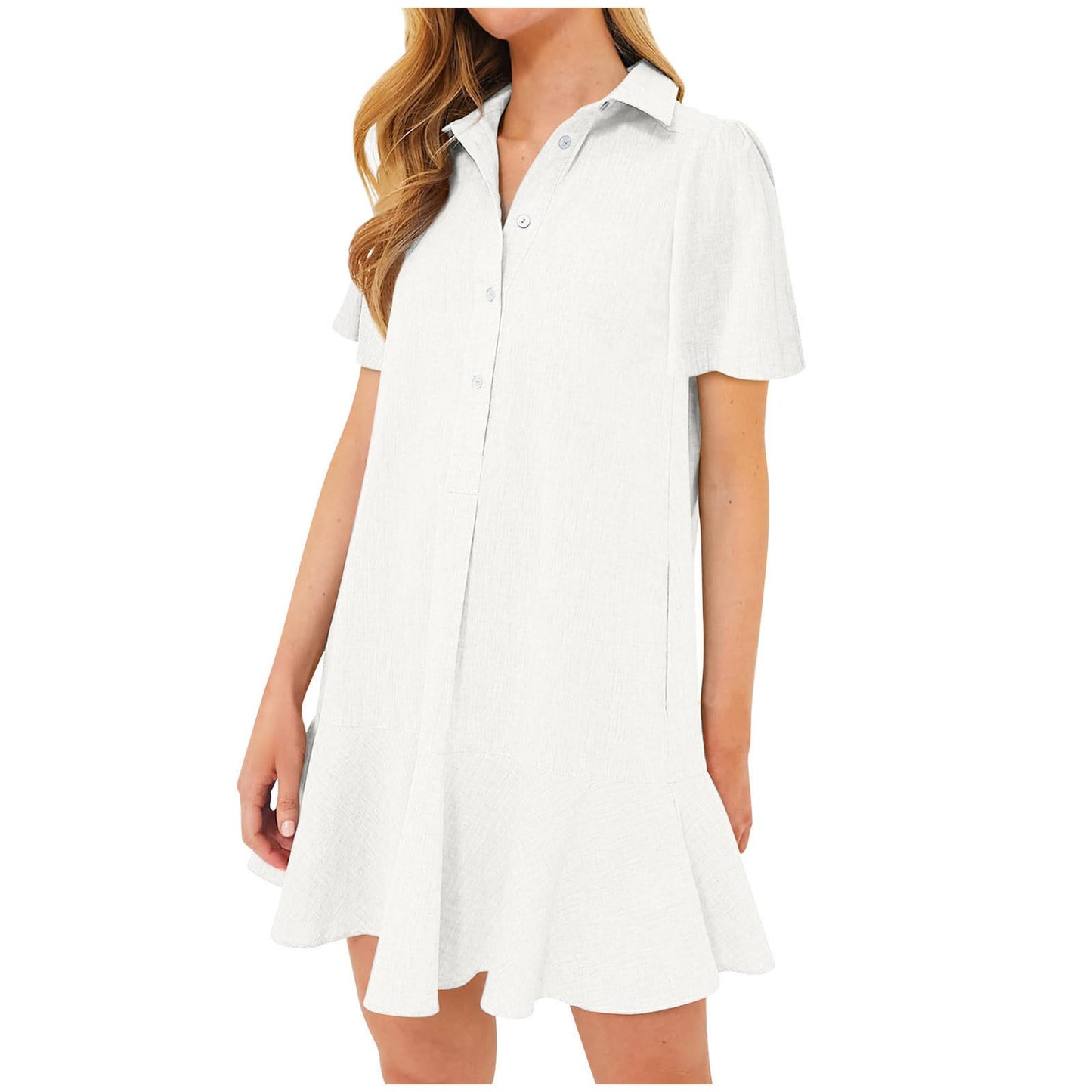Women‘s Sleeveless Shirt Dress Ruffle Hem Tank Dress Button V Neck Swing Shift Mini Dresses Lapel Collar Tunic Dress
