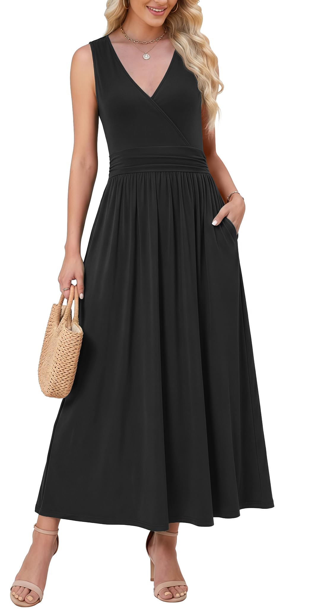WEACZZY Women's Maxi Dress Sleeveless V Neck Sundress Cocktail Long Dresses with Pockets