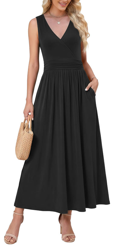 WEACZZY Women's Maxi Dress Sleeveless V Neck Sundress Cocktail Long Dresses with Pockets