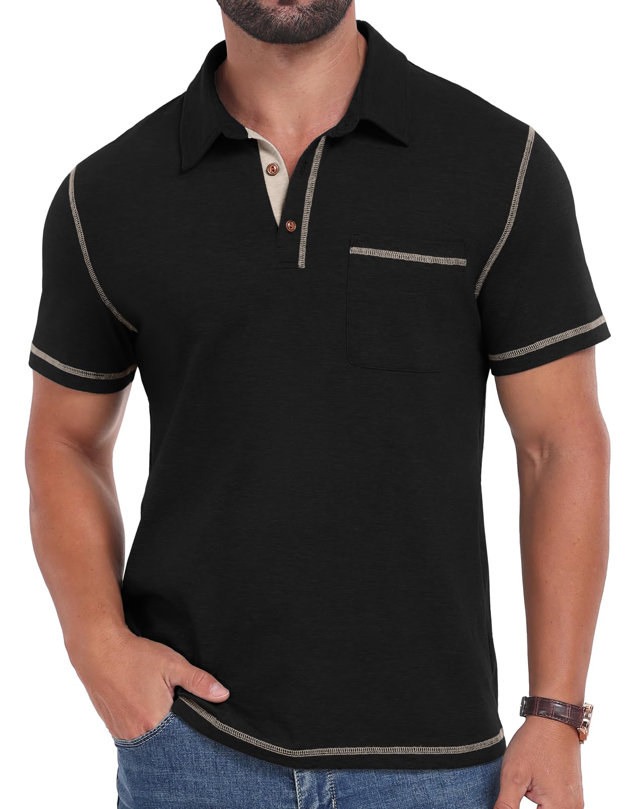 Sailwind Men's Short Sleeve Polo Shirts Casual Summer Classic Collared Golf Shirt with Pocket