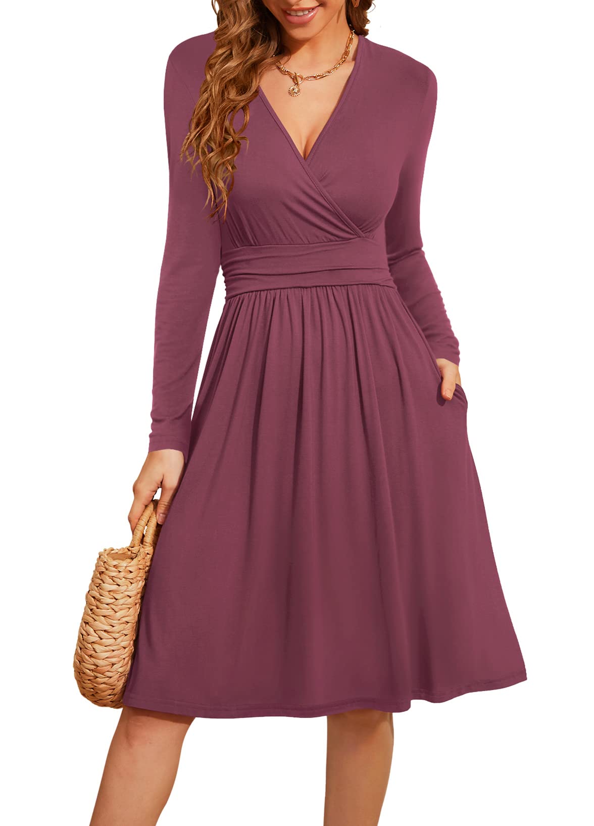 WEACZZY Women's 2026 Fall Long Sleeve Casual Dresses Wrap V-Neck Semi Formal Party Dress with Pockets