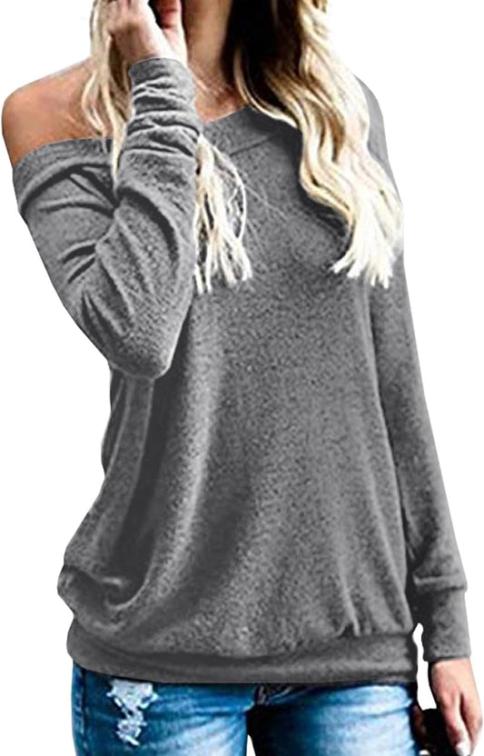 YEXIPO Women's Off Shoulder Tops Long Sleeve Boat Neck Casual Loose Shirts Sexy Blouse Tunics Tops