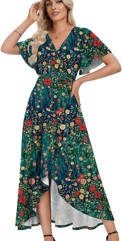 WEACZZY Women V Neck Ruffle Sleeve Maxi Dresses Split Elegant Slim Wrap Waist Wedding Guest Dress Elegant Casual Dresses 2026