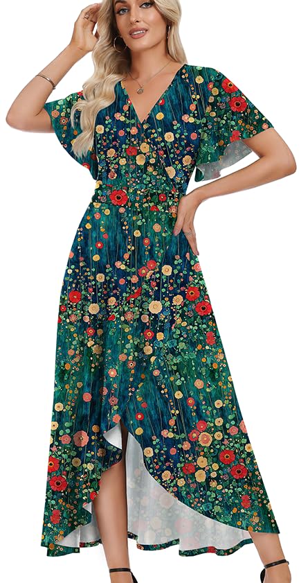 WEACZZY Women V Neck Ruffle Sleeve Maxi Dresses Split Elegant Slim Wrap Waist Wedding Guest Dress Elegant Casual Dresses 2026