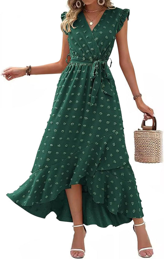 Women's Swiss Dot Dress Criss Cross V Neck Ruffle Wrap Dress Sleeveless Side Split Swing Flowy Long Maxi Dresses