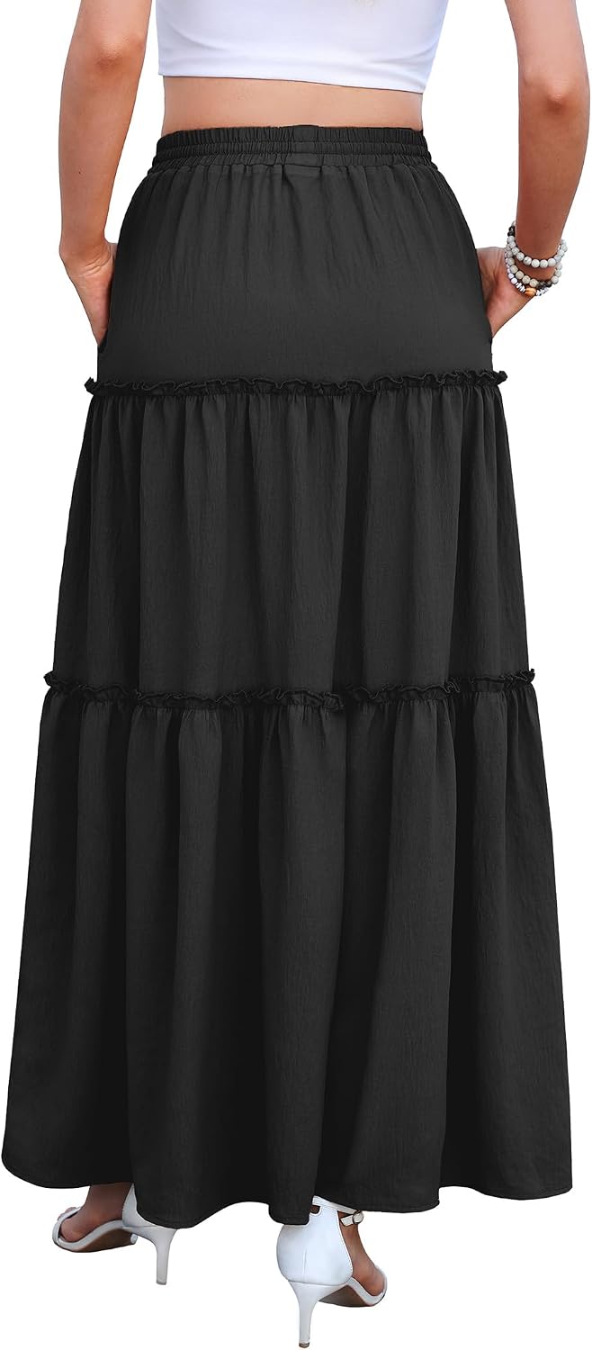 WEACZZY Womens Casual High Waisted Maxi Skirts with Pockets Flowy Boho Tiered Pleated Skirt for Spring Summer Travel Vacation