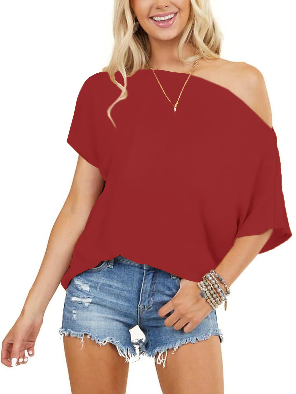 Off the Shoulder Tops for Women Short Sleeve Batwing Shirts Oversized Tee Tunic Summer Casual Loose Fit