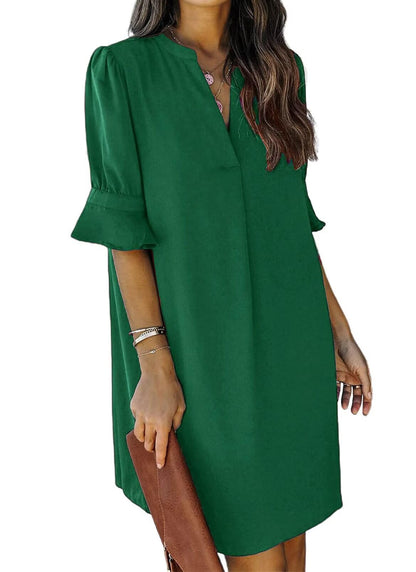 QACOHU Summer Dresses for Women V Neck Ruffle Short Sleeve Casual Shift Dress