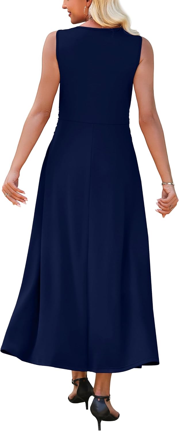 WEACZZY Women's Formal Maxi Dress Sleeveless Pleated Cocktail Evening Gown | Deep V-neck, Slimming, Flowing, Elegant, Double Splits, Lightweight Stretch, Polyester Blend, Does Not Show Through