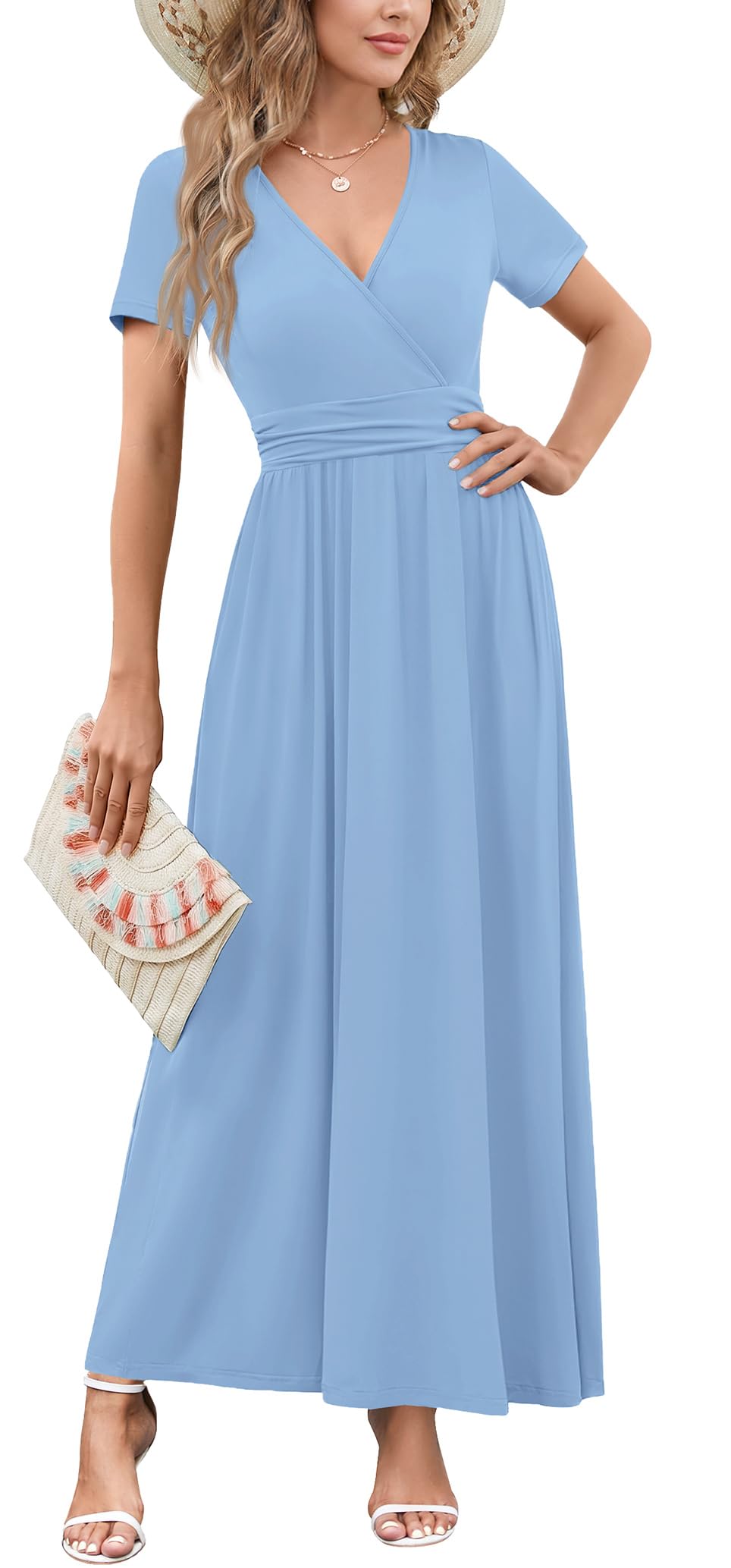 WEACZZY 2026 Summer Long Dresses for Women Wrap Empire Pleated Waist V Neck Short Sleeve Elegant Maxi Dress with Pockets