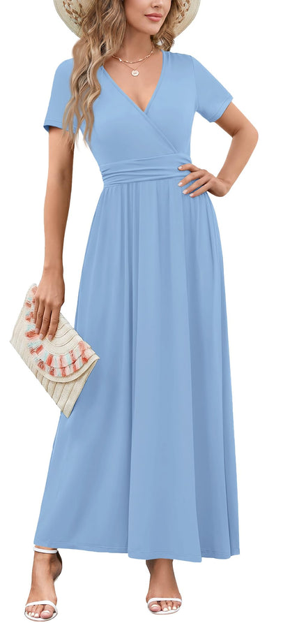 WEACZZY 2026 Summer Long Dresses for Women Wrap Empire Pleated Waist V Neck Short Sleeve Elegant Maxi Dress with Pockets