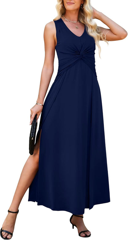 WEACZZY Women's Formal Maxi Dress Sleeveless Pleated Cocktail Evening Gown | Deep V-neck, Slimming, Flowing, Elegant, Double Splits, Lightweight Stretch, Polyester Blend, Does Not Show Through
