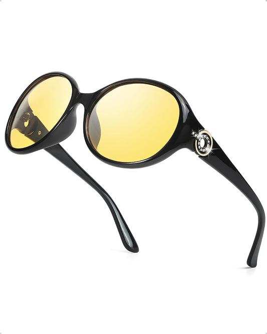 TJUTR Night Driving Glasses for Women, Polarized Yellow Tint Night Vision Lens, Night Time Anti-glare Big Glasses TN6824