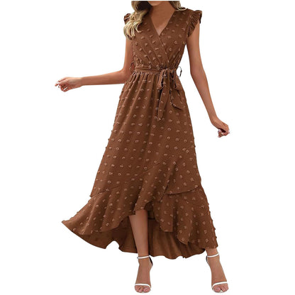 Women's Swiss Dot Dress Criss Cross V Neck Ruffle Wrap Dress Sleeveless Side Split Swing Flowy Long Maxi Dresses