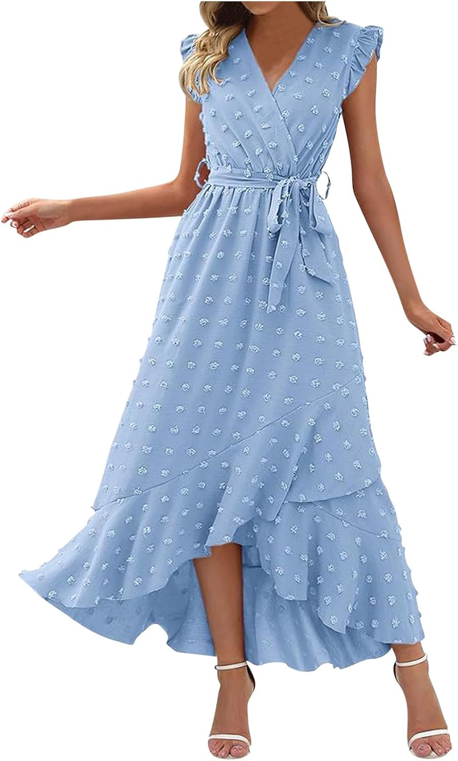 Women's Swiss Dot Dress Criss Cross V Neck Ruffle Wrap Dress Sleeveless Side Split Swing Flowy Long Maxi Dresses