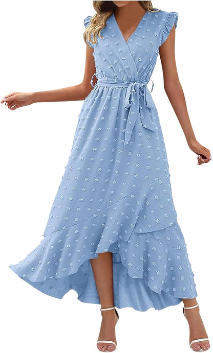 Women's Swiss Dot Dress Criss Cross V Neck Ruffle Wrap Dress Sleeveless Side Split Swing Flowy Long Maxi Dresses