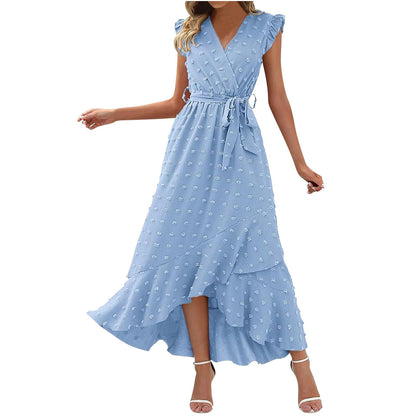 Women's Swiss Dot Dress Criss Cross V Neck Ruffle Wrap Dress Sleeveless Side Split Swing Flowy Long Maxi Dresses