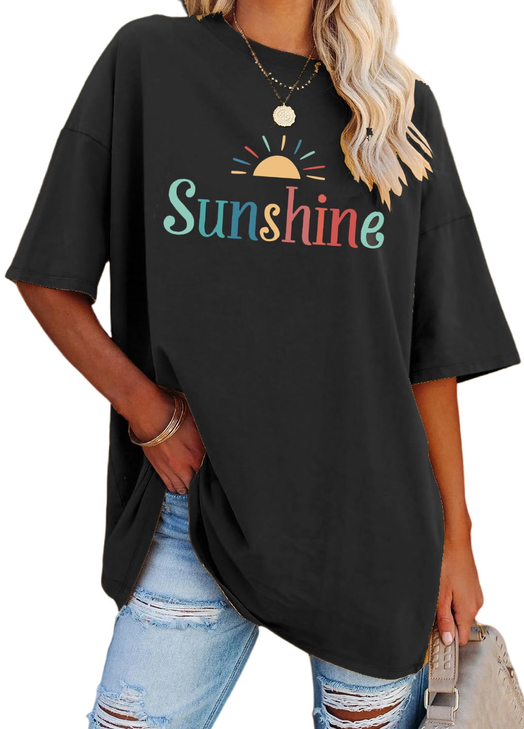 YEXIPO Women's Oversized T Shirts Graphic Tees Summer Short Sleeve Loose Fit Casual Crewneck Plain Tunic Tops