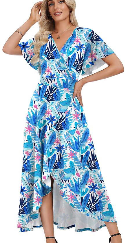 WEACZZY Women V Neck Ruffle Sleeve Maxi Dresses Split Elegant Slim Wrap Waist Wedding Guest Dress Elegant Casual Dresses 2026