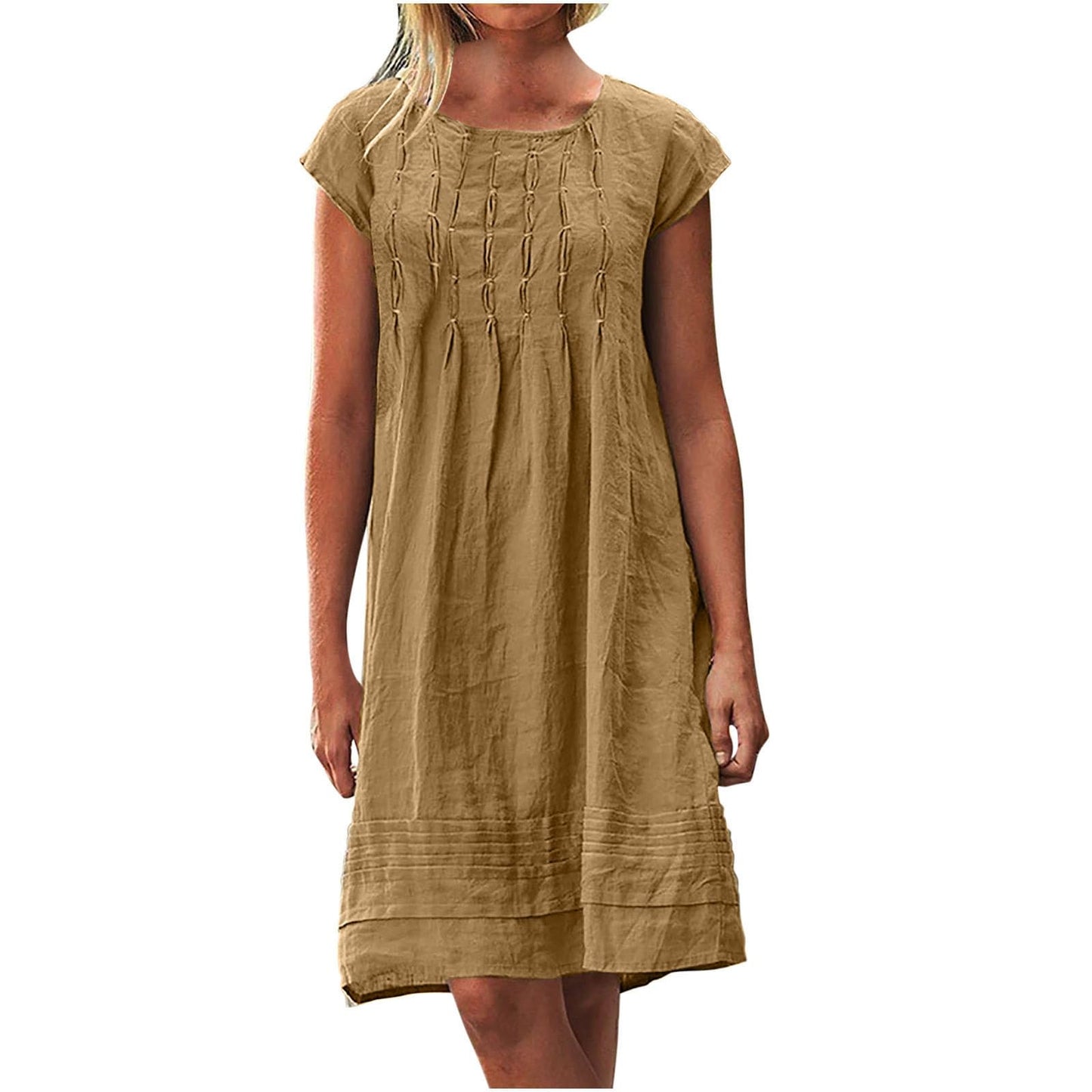 Cotton Linen Dress for Women Plus Size Pleated Dresses Casual Round Neck Short Sleeve Sundress Beach Vacation Dress
