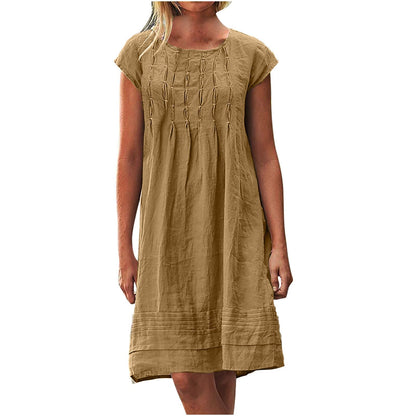 Cotton Linen Dress for Women Plus Size Pleated Dresses Casual Round Neck Short Sleeve Sundress Beach Vacation Dress