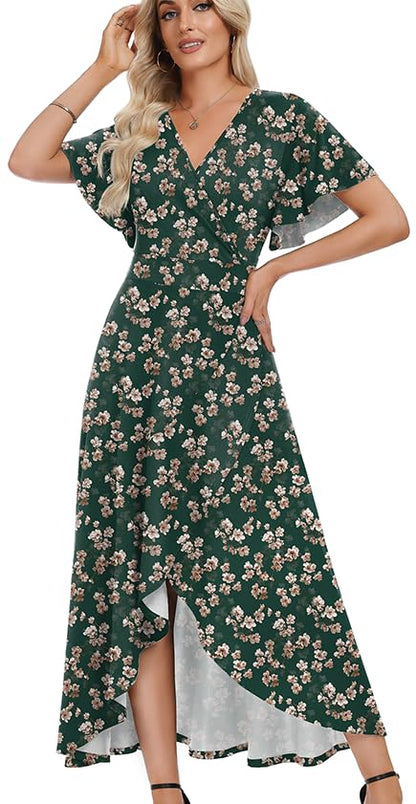 WEACZZY Women V Neck Ruffle Sleeve Maxi Dresses Split Elegant Slim Wrap Waist Wedding Guest Dress Elegant Casual Dresses 2026