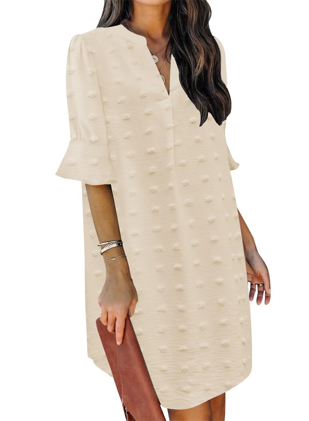 QACOHU Summer Dresses for Women V Neck Ruffle Short Sleeve Casual Shift Dress