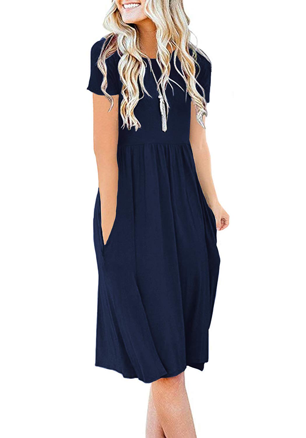 DB MOON Women Summer Casual Short Sleeve Dresses Empire Waist Dress with Pockets