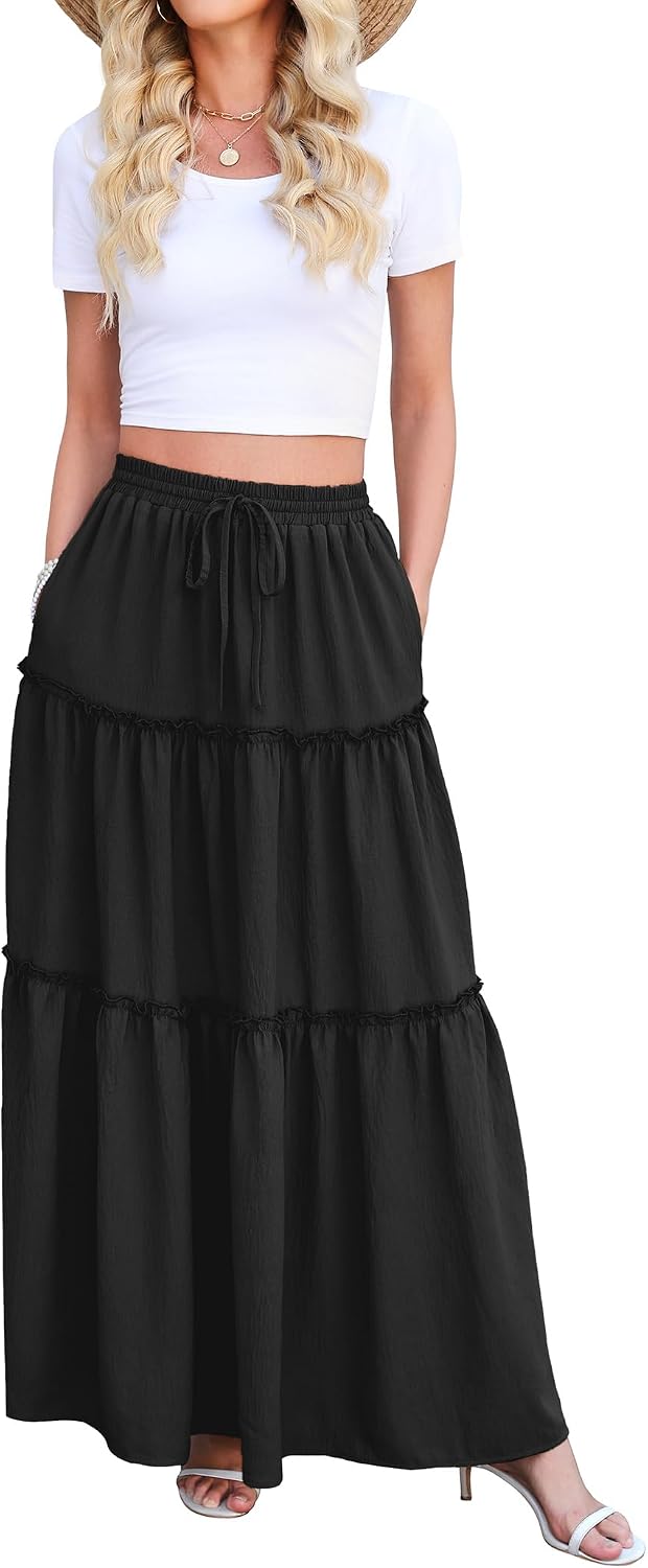 WEACZZY Womens Casual High Waisted Maxi Skirts with Pockets Flowy Boho Tiered Pleated Skirt for Spring Summer Travel Vacation