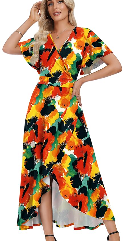 WEACZZY Women V Neck Ruffle Sleeve Maxi Dresses Split Elegant Slim Wrap Waist Wedding Guest Dress Elegant Casual Dresses 2026
