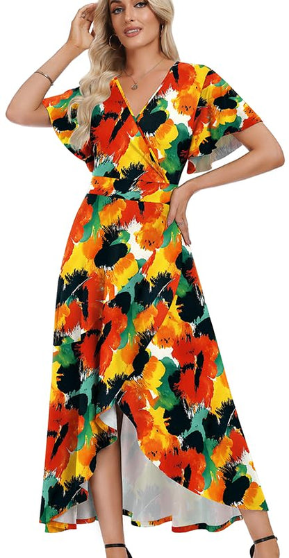 WEACZZY Women V Neck Ruffle Sleeve Maxi Dresses Split Elegant Slim Wrap Waist Wedding Guest Dress Elegant Casual Dresses 2026