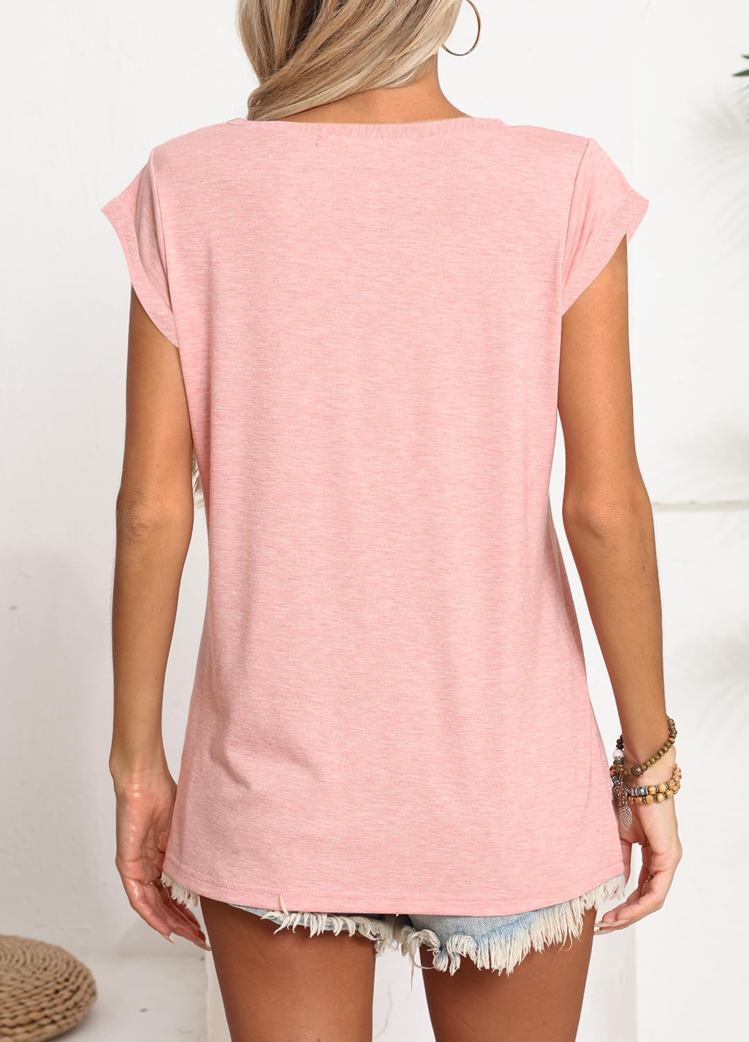 YEXIPO Womens Tops Cap Sleeve T Shirts 2026 Summer Casual Loose Fit V Neck Shirts Cute Trendy Beach Vacation Clothes
