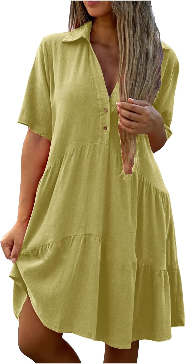 Women's Pleated Flowy T Shirt Dresses Plus Size V Neck Button Up Short Sleeve Midi Dress Loose Fit Tiered Sundress