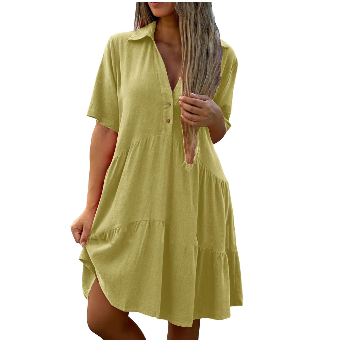 Women's Pleated Flowy T Shirt Dresses Plus Size V Neck Button Up Short Sleeve Midi Dress Loose Fit Tiered Sundress