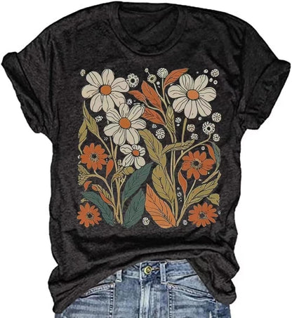 Women's Vintage Floral T Shirt Boho Wildflower Graphic Loose Tees Short Sleeve Casual Tops