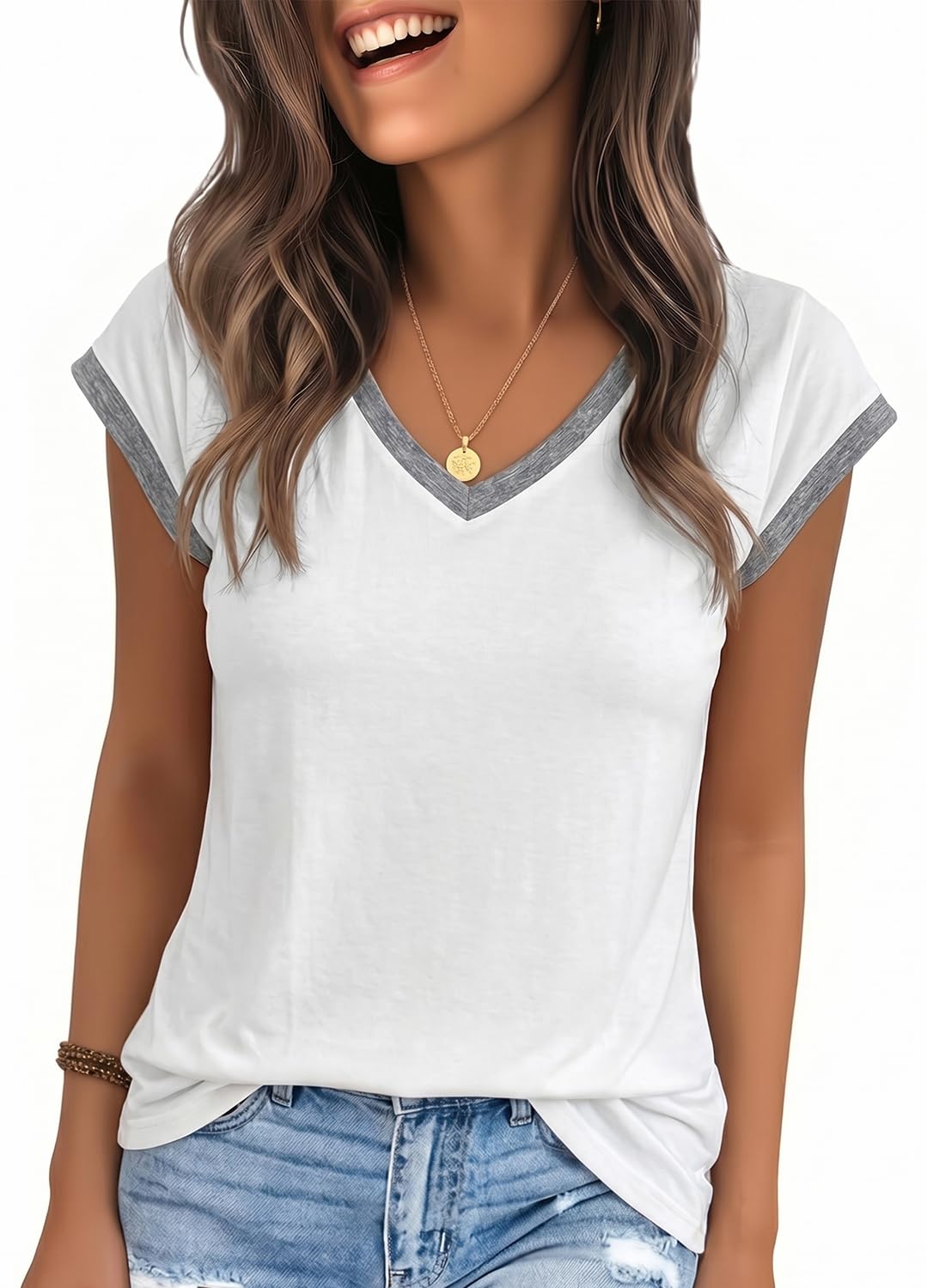 YEXIPO Womens Tops Cap Sleeve T Shirts 2026 Summer Casual Loose Fit V Neck Shirts Cute Trendy Beach Vacation Clothes