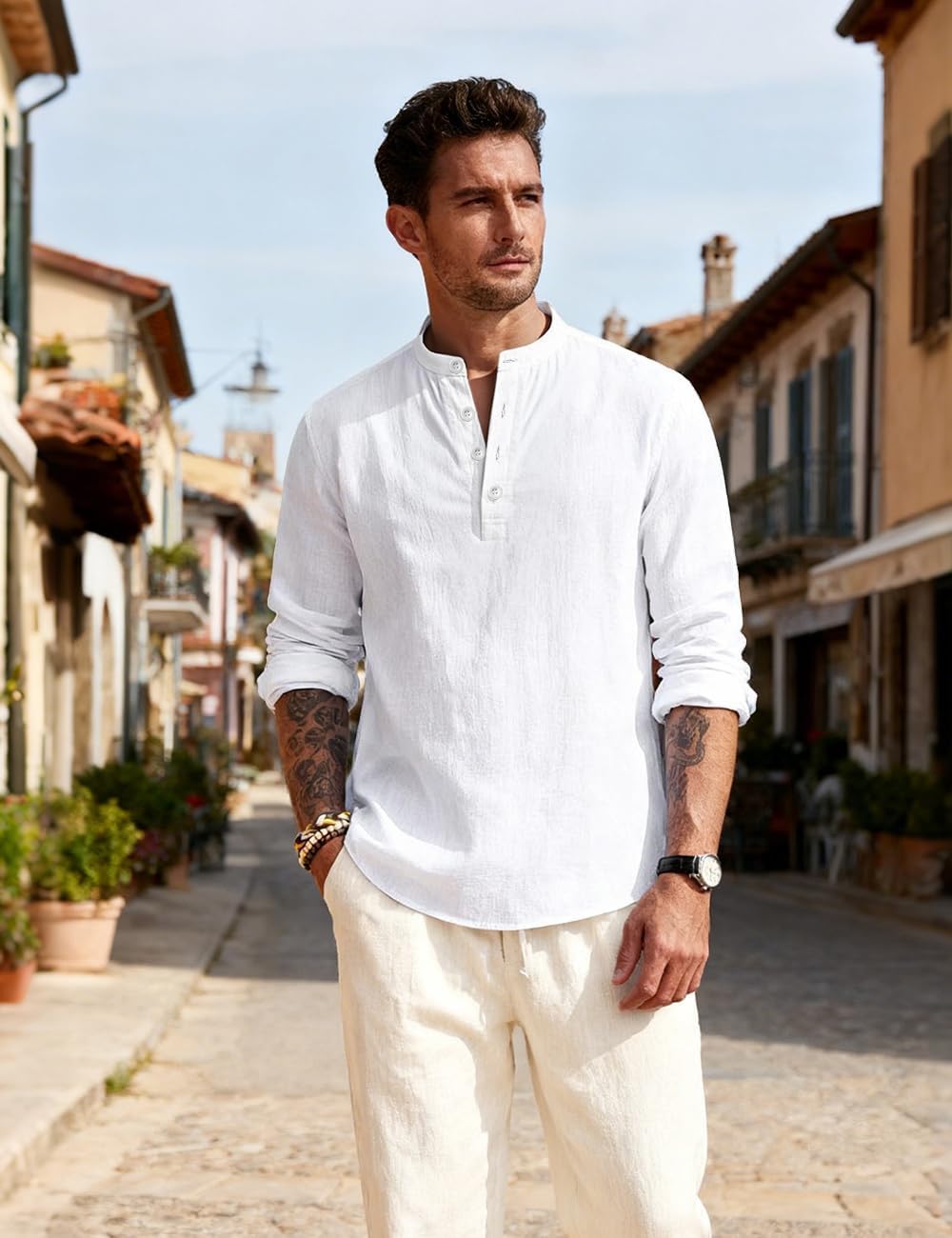 Men's Linen Shirts Henley T-Shirts Long Sleeve Casual Beach T-Shirts Solid Tops Shirts for Men