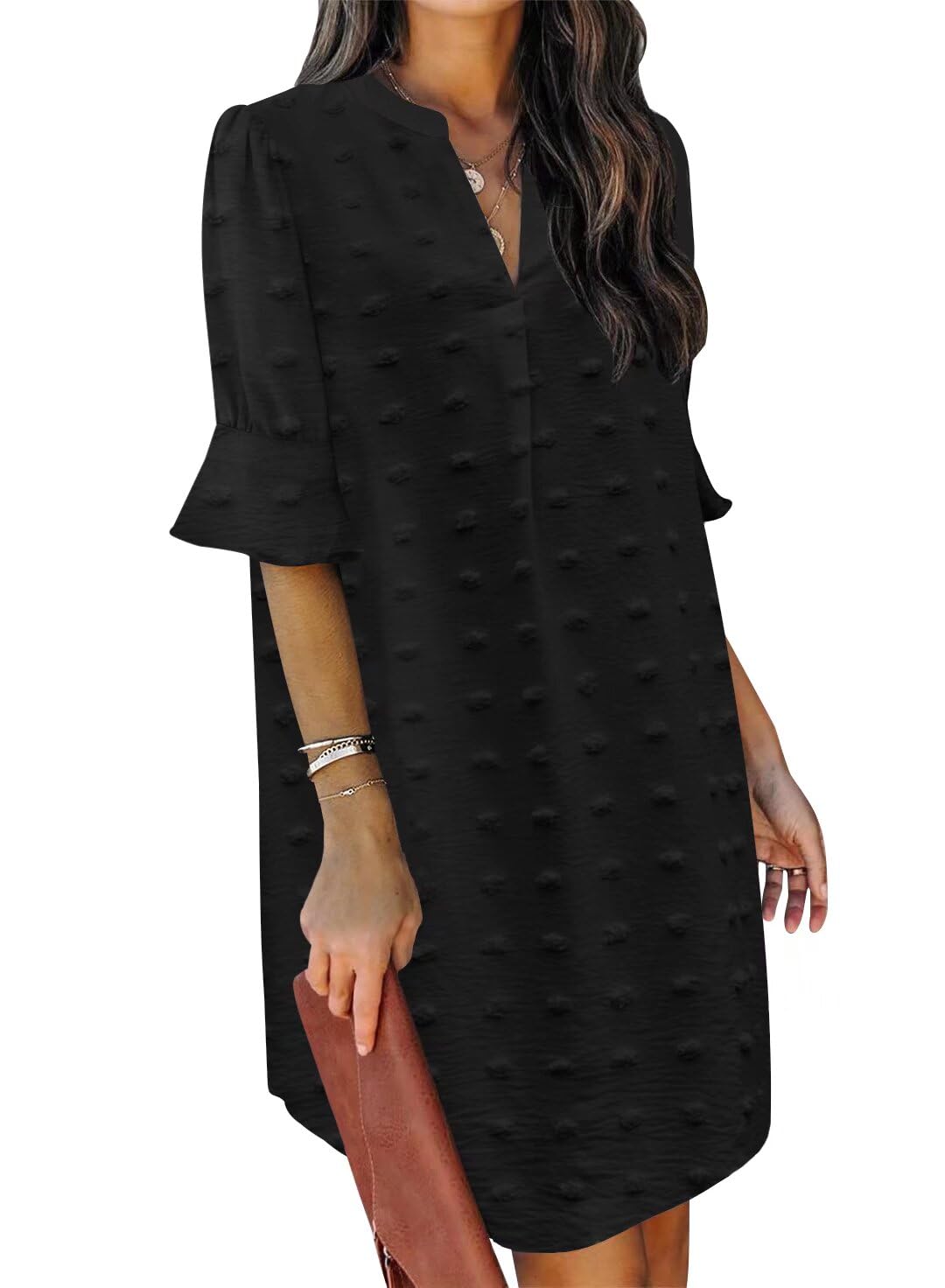 QACOHU Summer Dresses for Women V Neck Ruffle Short Sleeve Casual Shift Dress