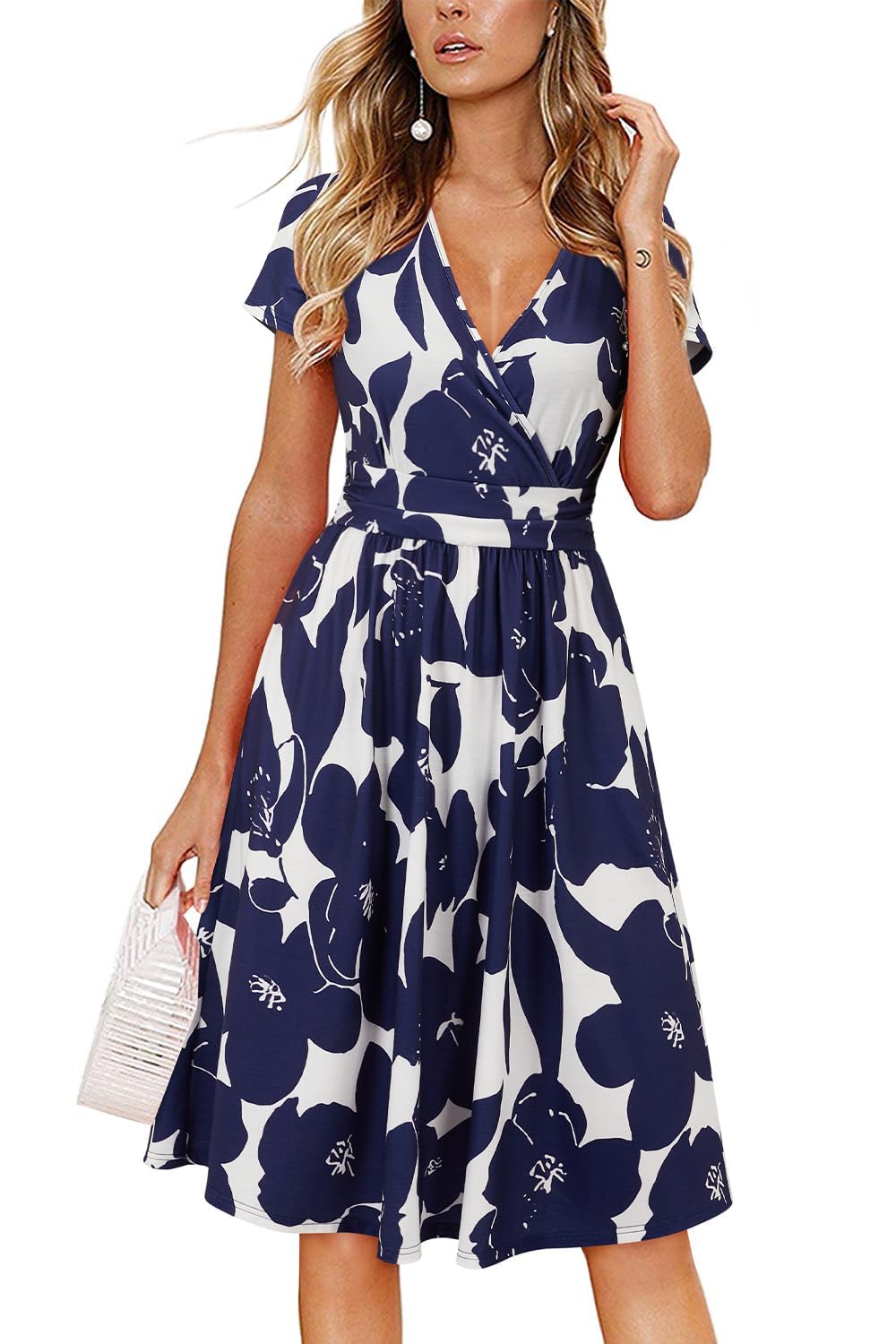 OUGES Casual Summer Dress for Women Wrap V Neck A Line Midi Dresses with Pockets