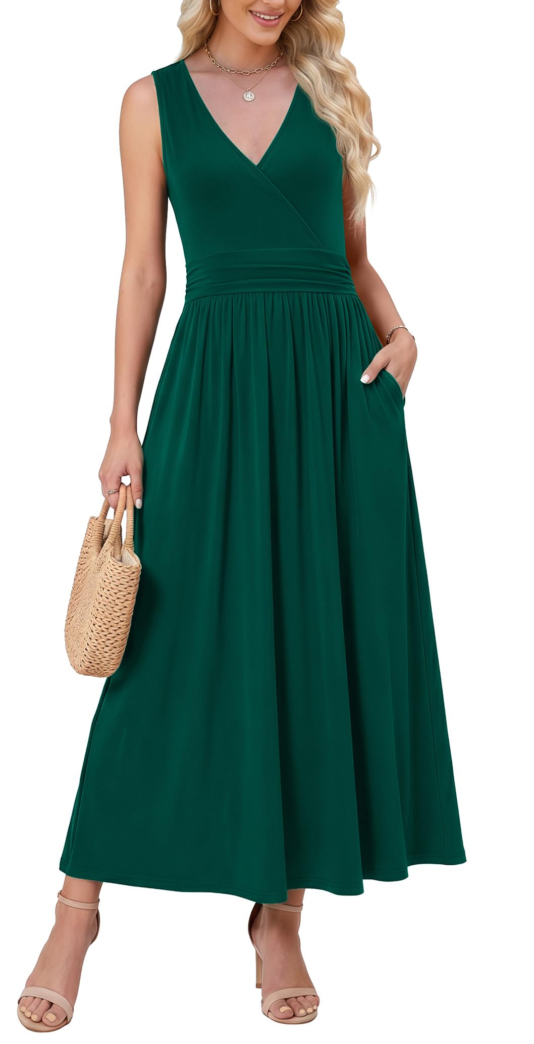 WEACZZY Women's Maxi Dress Sleeveless V Neck Sundress Cocktail Long Dresses with Pockets