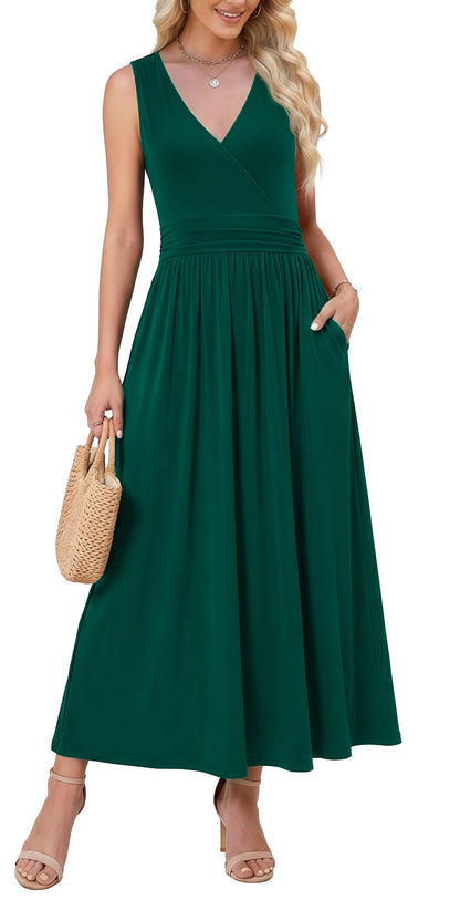 WEACZZY Women's Maxi Dress Sleeveless V Neck Sundress Cocktail Long Dresses with Pockets