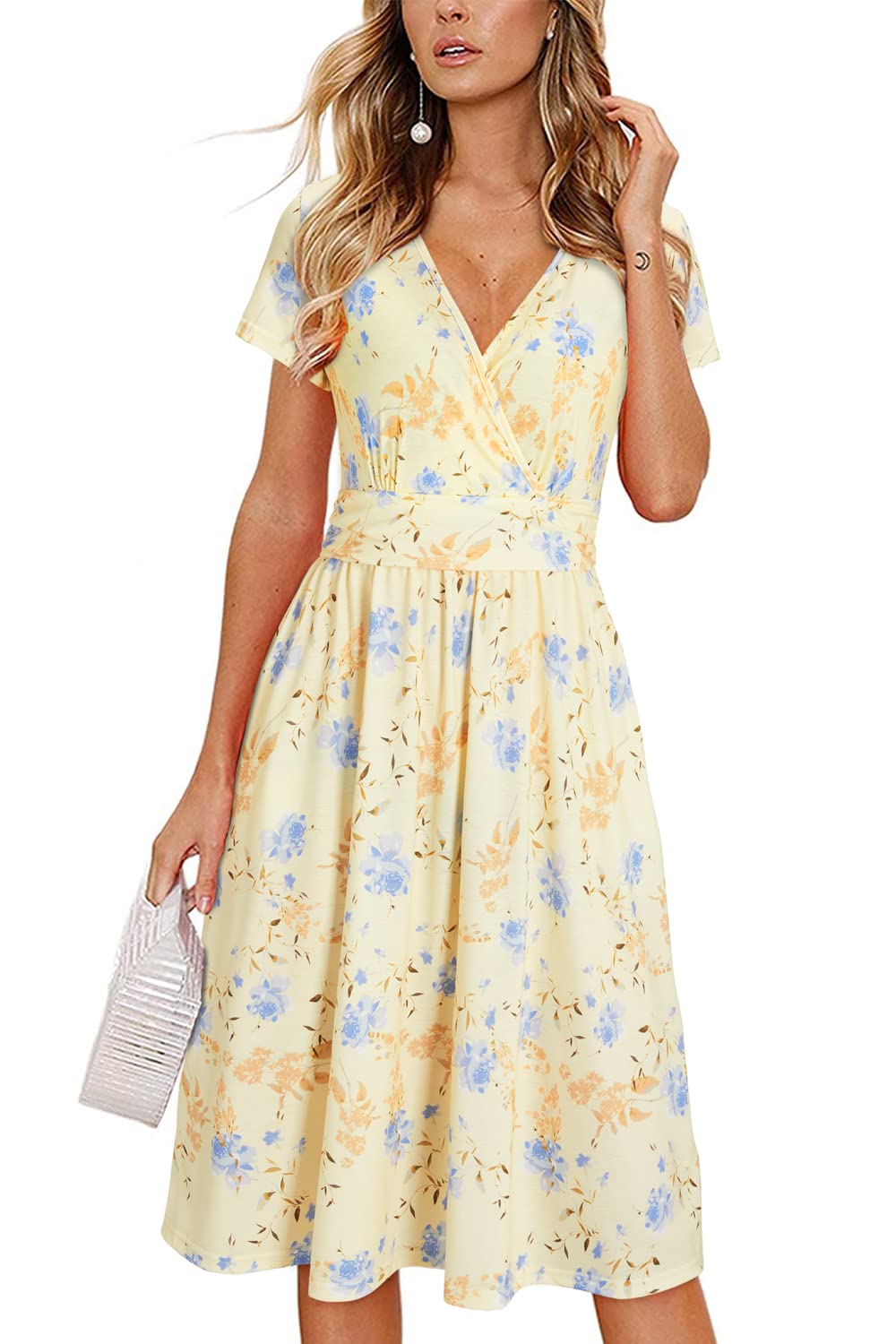 Newshows Womens Summer Short Sleeve Casual Dresses V Neck Floral Vacation Sundress Faux Wrap Midi Dress with Pockets