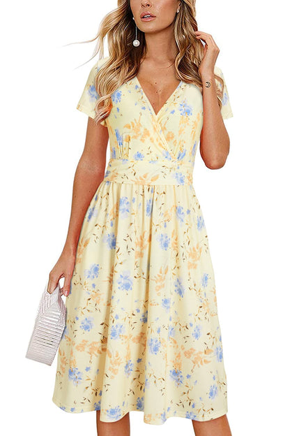 Newshows Womens Summer Short Sleeve Casual Dresses V Neck Floral Vacation Sundress Faux Wrap Midi Dress with Pockets