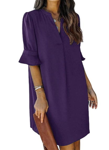 QACOHU Summer Dresses for Women V Neck Ruffle Short Sleeve Casual Shift Dress