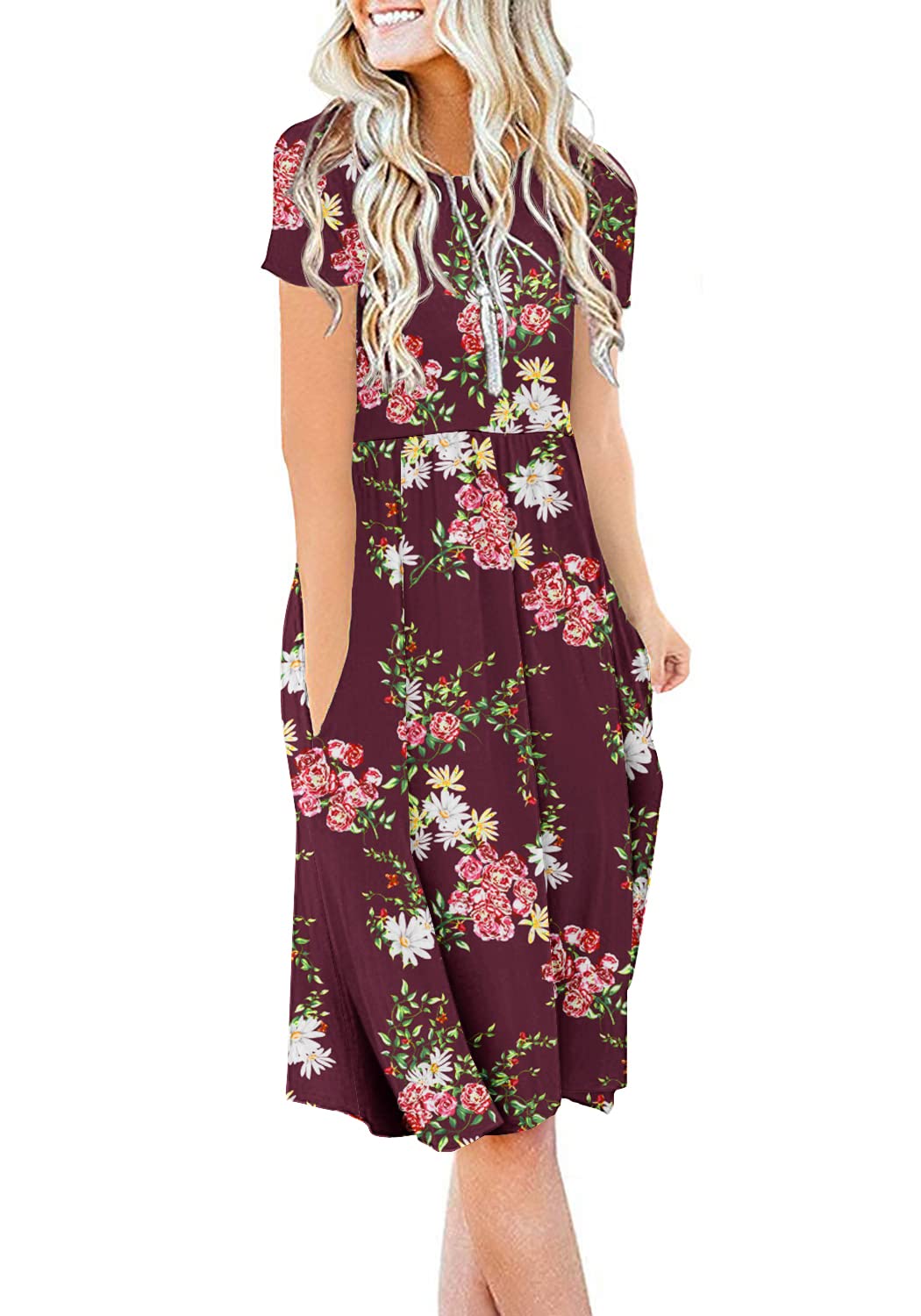 DB MOON Women Summer Casual Short Sleeve Dresses Empire Waist Dress with Pockets