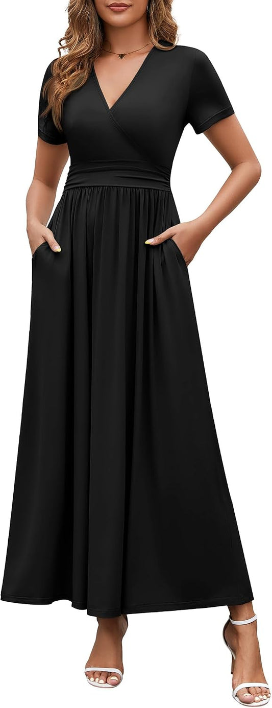 WEACZZY 2026 Summer Long Dresses for Women Wrap Empire Pleated Waist V Neck Short Sleeve Elegant Maxi Dress with Pockets