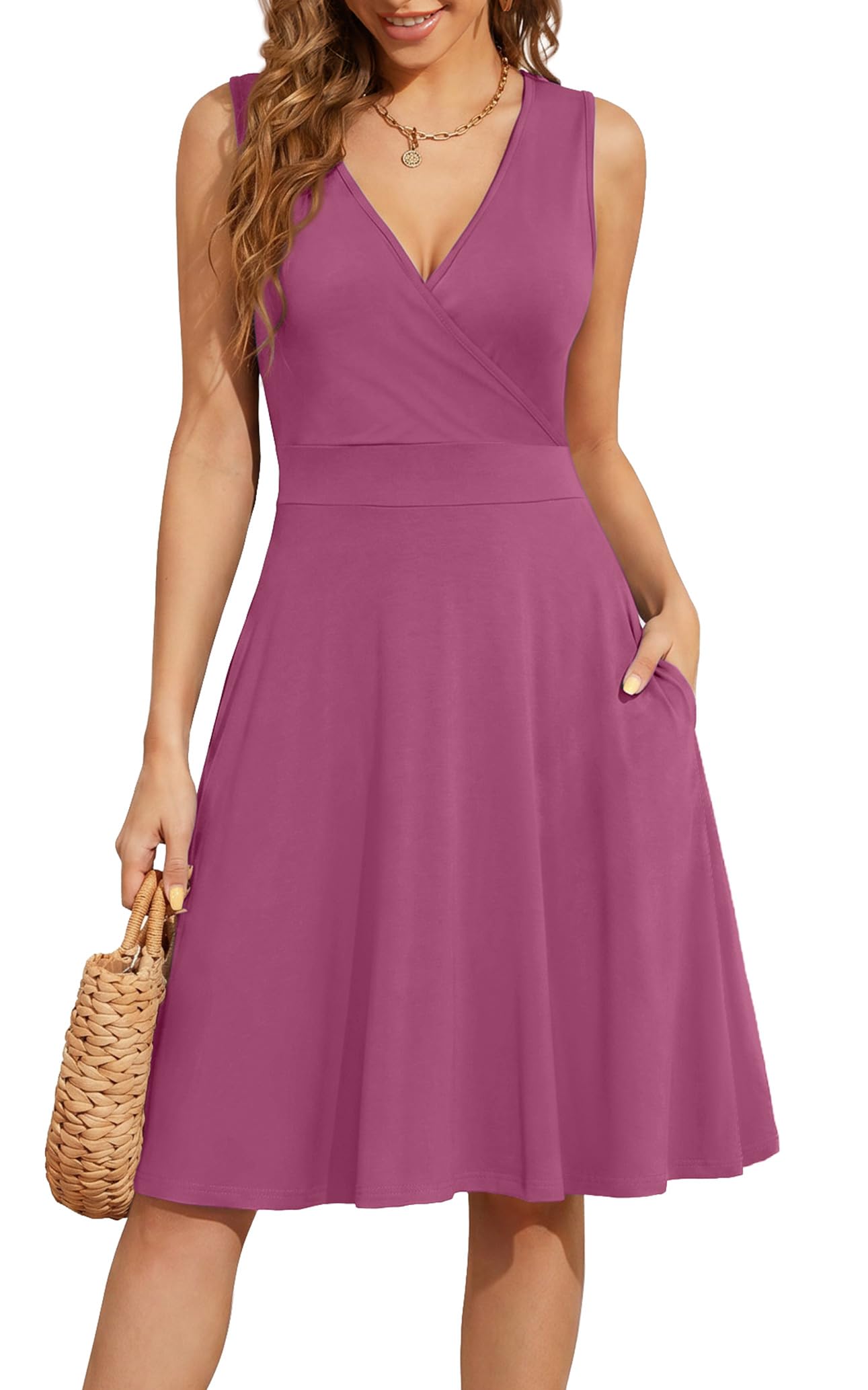 WEACZZY Women's Summer Sleeveless Casual Dresses V-Neck Wrap Floral Holiday Tank Dress Flowy Beach Sundress with Pockets